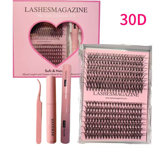 Lashesmagazine 30D DIY lash extension kit  D curl WISPY cat eye  individual eyelashes clusters, waterproof lash bond and seal ,self use lash applicator, self adhesive lash glue remover,mixed length False lashes russian volume cosmetic fake eyelash