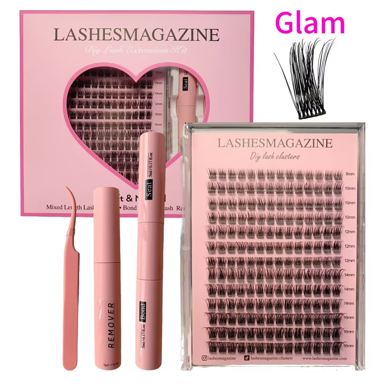 Lashesmagazine GLAM DIY lash extension kit   D curl WISPY cat eye  individual lash clusters, fake eyelash extensions,waterproof lash bond and seal ,self use  applicator adhesive lash glue remover,mixed length False volume eyelashes lashes business