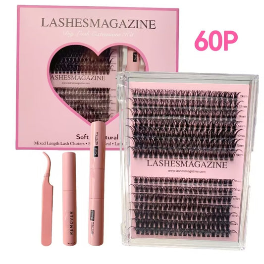 Lashesmagazine DIY Lash Extensions Clusters Kit,280pcs 60P Eyelash Extensions Kit,Waterproof False Eyelashes with Bond and Seal,Glue Remover,Christmas Gift Lash Applicator ,Cosmetic at home