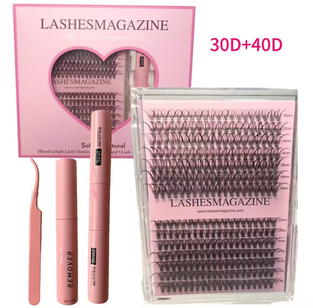 Lashesmagazine 30D 40D DIY lash extension cluster kit 280pcs russian volume D curl individual eyelash clusters,self use waterproof lash bond seal and self adhesive glue remover,eyelashes applicator,cat eye fake lashes natural volume cosmetics makeup