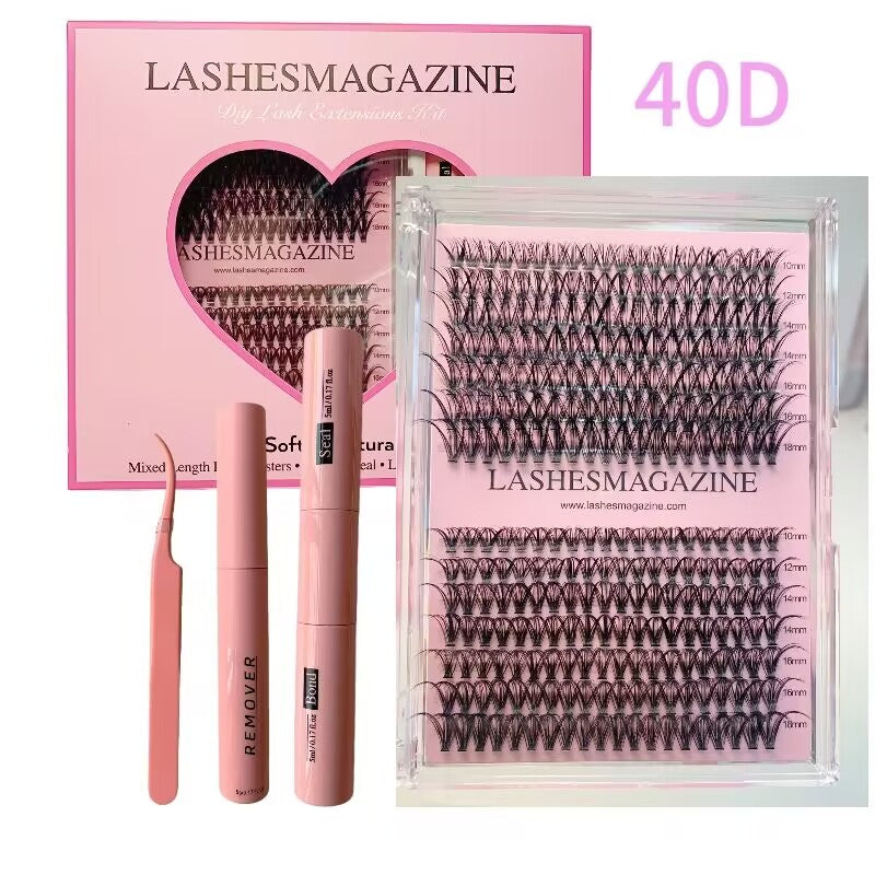 lashesmagazine 40D DIY lash extension cluster kit  280pcs russian volume D curl individual eyelash clusters,self use waterproof lash bond seal and self adhesive glue remover,eyelashes applicator,cat eye fake lashes natural volume cosmetics makeup