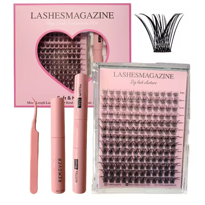 Lashesmagazine DIY Lash Extensions Clusters Kit,182pcs BEAUTE Eyelash Extensions Kit,Waterproof False Eyelashes with Bond and Seal,Glue Remover,Christmas Gift Lash Applicator ,Cosmetic at home