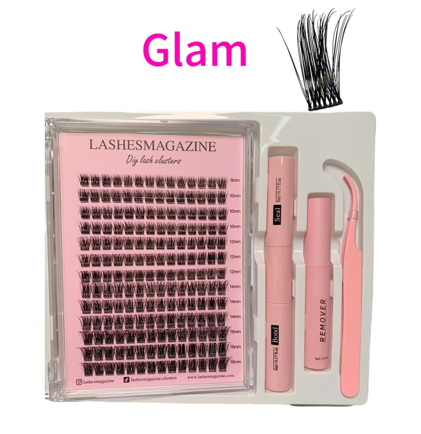 Lashesmagazine GLAM DIY lash extension kit   D curl WISPY cat eye  individual lash clusters, fake eyelash extensions,waterproof lash bond and seal ,self use  applicator adhesive lash glue remover,mixed length False volume eyelashes lashes business